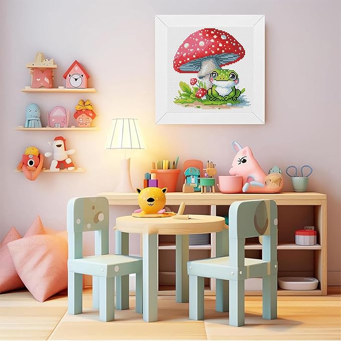 VIGEGU Frog Cross Stitch Kits,Mushroom Stamped Cross Stitch Kits for Beginners Adults with Wooden Framed,Partial 11CT Cross-Stitch Embroidery Kit,Crafts for Girls 8-12 Cross Stitch 7.9x7.9inch