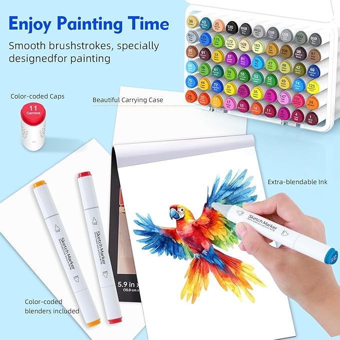 80 color liquor base mark, double pointed (chisel and fine) permanent painting mark, suitable for adult coloring books, sketches, illustrations, with transparent box