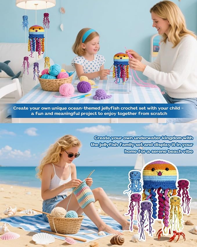 Fortilo Crochet Kit for Beginners 6PCS Crochet Animals Jellyfish Family with Step-by-Step Video Tutorials 30% Extra Yarn, Perfect for Gifts, Emotional Support, Ideal Knitting Kit for Adults, Kids