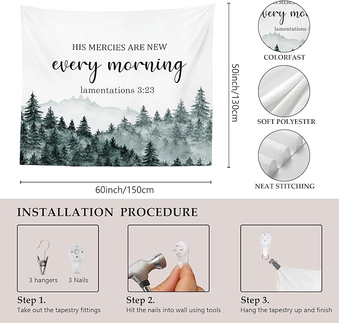 MNASAIOO Christian Mountian Wall Tapestry Hanging for Bedroom, Bible Verse Scripture His Mercies Are New Every Morning Tapestries, Watercolor Wall Decor Banner for Living Prayer Room Church 50x60in