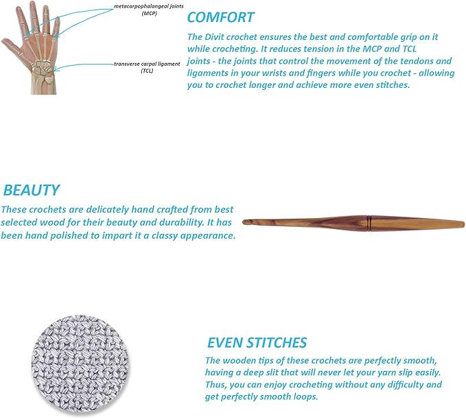 Divit Shilp Streamline Ergonomic Handle Crochet Hooks | Handcrafted 7’’ Teak Wood Crochet Hook Knitting Needle, Craft Yarn Weave | Best Gift! (6 mm)