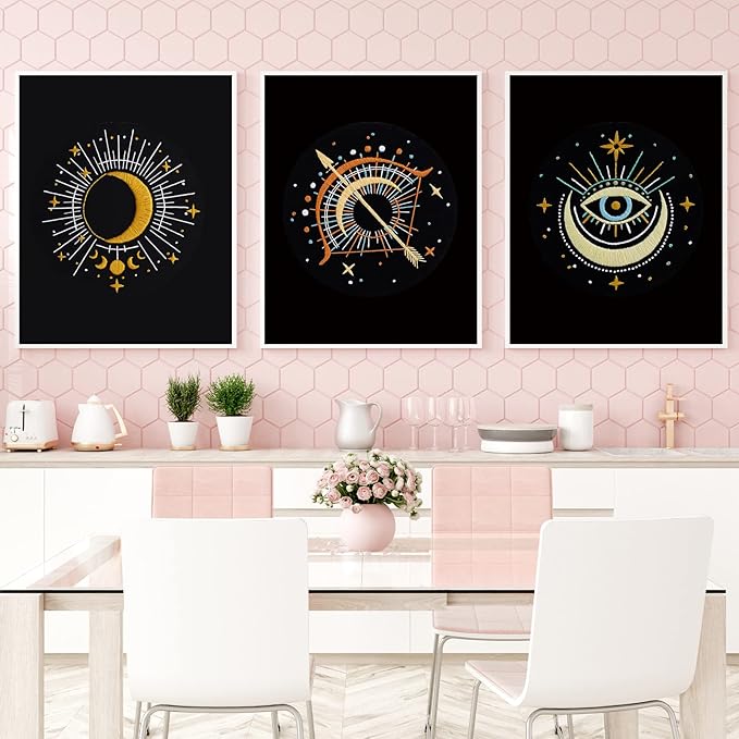 Louise Maelys 3 Set Tarot Moon Embroidery Kits for Beginners with Evil Eye Pattern,Adults Starter Cross Stitch Kit DIY Needlepoint