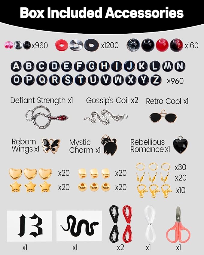 Goldwise REP Era Inspired Adult Jewelry Design Bead Set for Fans – 2 Storage Boxes with Black, White & Red Glass and Clay Beads, Snake & Cat Symbolic Charms