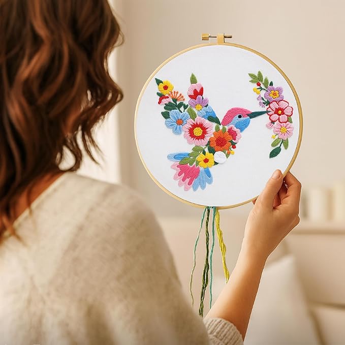 Nuberlic Bird Flower Embroidery Kit for Beginners -Adults Starter Cross Stitch Kit DIY Needlepoint with Hoop, Pre-Printed Fabric, Threads & Step-by-Step Guide