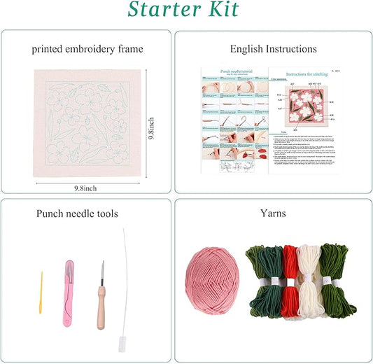 embroidery punch needle kit frame, embroidery starter kits for beginner kids,punch needle fabric with pattern,threader, yarns,embroidery hoops & rug punch(pink)