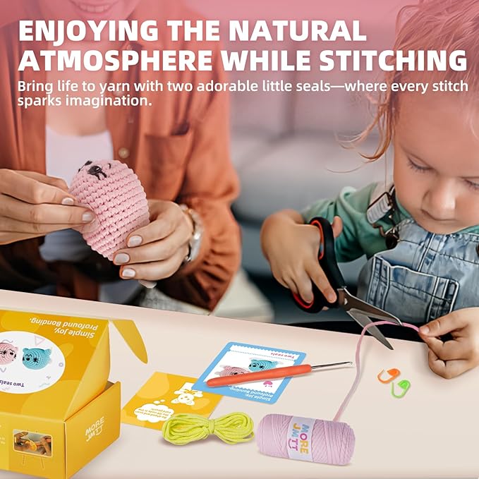 MOREJMTT Crochet Kit for Beginners, Learn to Crochet, Include Easy Knitting Soft Yarn, Step-by-Step Video Tutorial, Hook, Holiday Birthday Gift for Adults (Pink Seal& Blue Seal)
