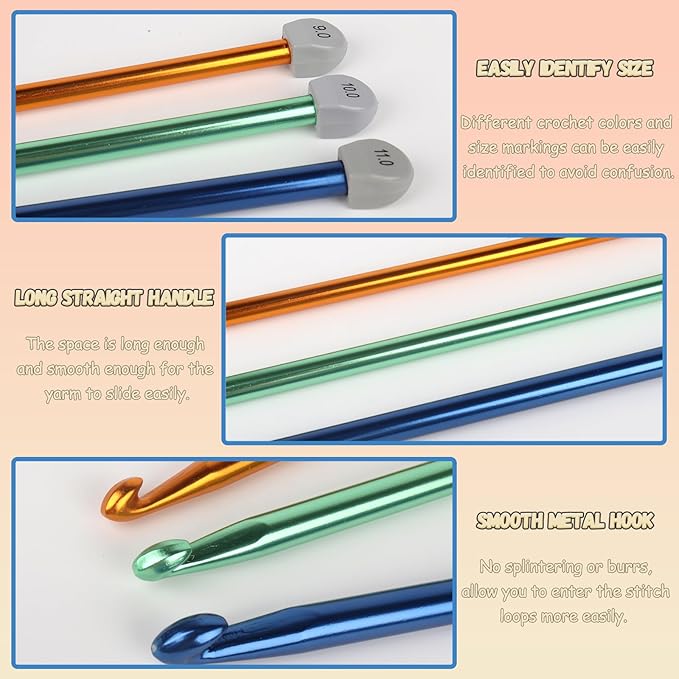 Coopay Tunisian Crochet Hook Set - 9mm 10mm 11mm Large Hooks, 3PCS Extra Long 13.8in Metal Afghan Crochet Needles for Crocheting, Great for Beginners