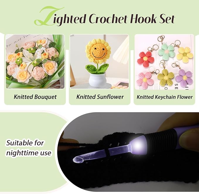 Yarniss LED Light Up Crochet Hook 5 Piece Handle Set Includes the Following 5 Sizes: 3.5mm, 4.5mm, 5.0mm, 5.5mm, and 6.5mm. Includes 1 Pack of Spare Batteries
