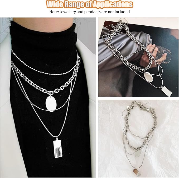 Fesorsi Silver Chain for Jewelry Making, 115ft 15 Style Steel Jewelry Chain, Electroplating Process, for DIY Necklace Chains, Tassel Pendants, with Jump Ring, Lobster Clasp, Pliers