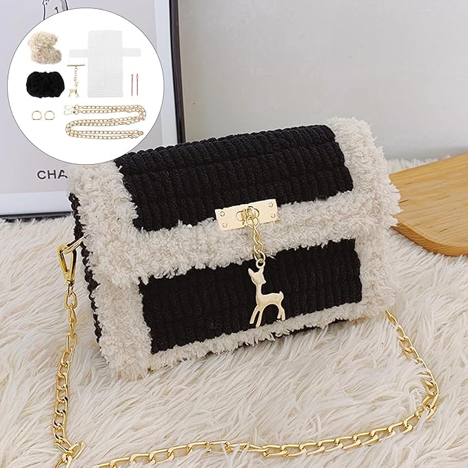 DOITOOL DIY Cross Stitch Purse Kit with Deer Pendant Handmade Braided Yarn Bag Material Set for Crochet and Knitting Compact 7.28X4.13X1.77In Portable DIY Sewing Accessory for Women