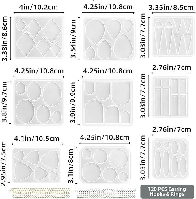 Roxjaejae 129 PCS Resin Earring Molds Silicone Kit, Resin Jewelry Molds with Built-in Holes for Earrings, Necklace, Pendants, Keychains