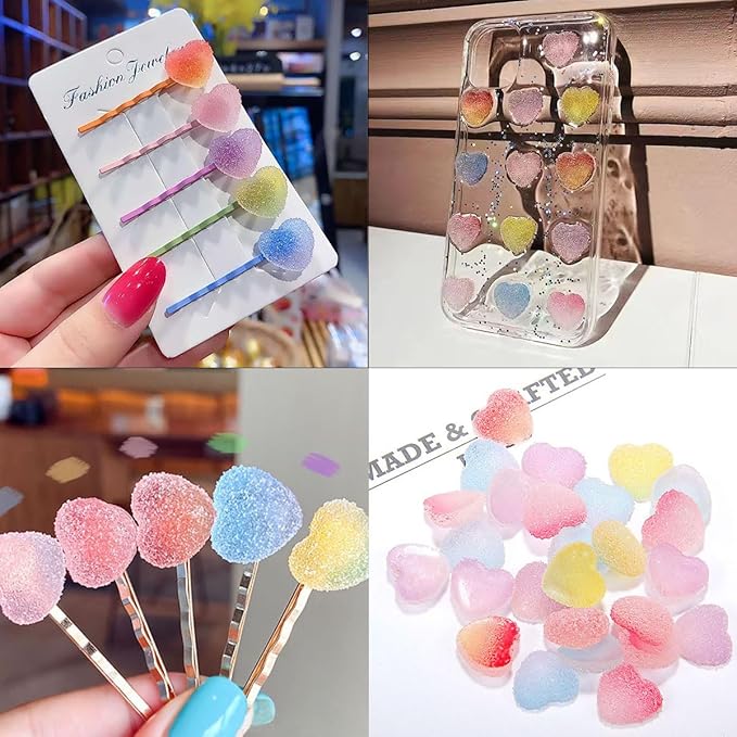 80pcs Jelly Sugar Soft Heart Candy Flatback Charms, DIY Craft Making Resin Jewelry Making Kit, Soft Candy Resin Flatback Beads for Women DIY Scrapbooking Hair Clip Crafts Cell Phone Case Making