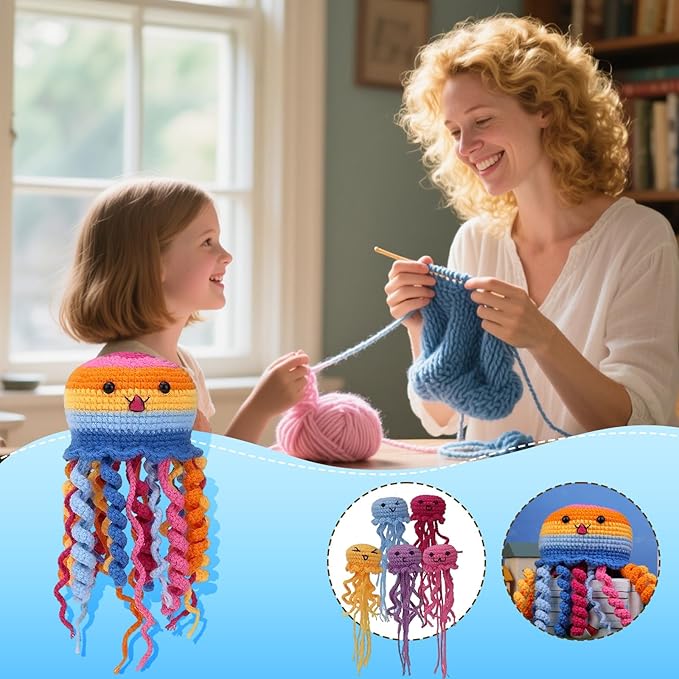 Blossvane Beginners Crochet Kit for Adults - 6 Pack Magical Jellyfish, Complete Starter Amigurumi Kit with Easy Step-by-Step Video Tutorials, Learn to Crochet Kit for All Ages