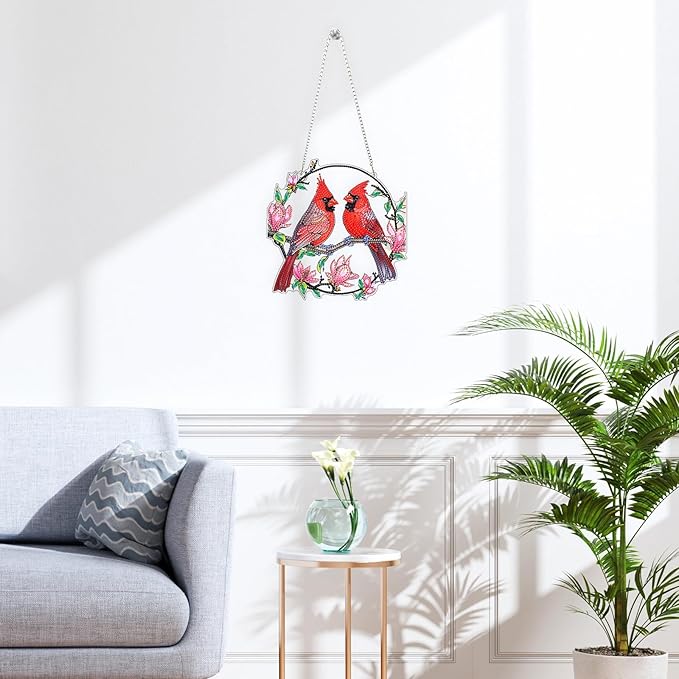 QENSPE DIY Hanging Diamond Painting Pendant Kit Cardinal,Magnolia Diamond Art Ornament Kit Acrylic Board for Window,Easy Crystal Pendant Gem Art for Home Garden Wall Decor,20x20cm