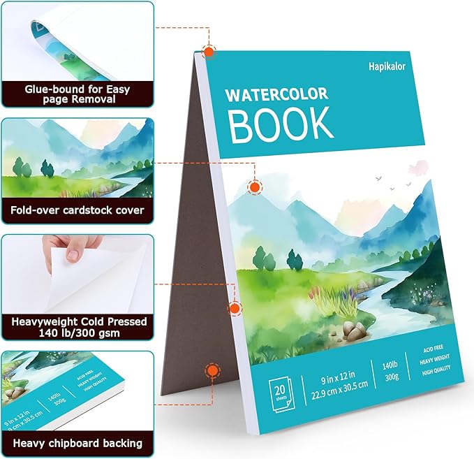 Hapikalor 2-Pack 9"x12"Watercolor Paper Pad, Teacher Classroom Must Have, Art Watercolor Paper, Arts & Crafts, Watercolor Pad for Finger Paint, Watercolor Pens, Teal