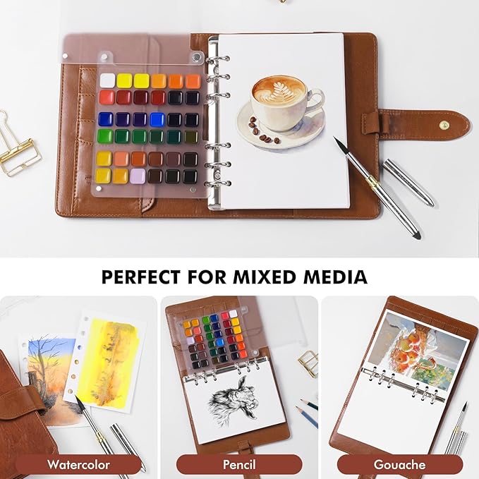 Fuumuui Portable Watercolor Sketchbook Set – Refillable 36-Color Travel Paint Kit & 100% Cotton Cold Press 20 Sheets Art Journal with Dual-Tip Travel Brush for Artists Outdoor Painting - Large