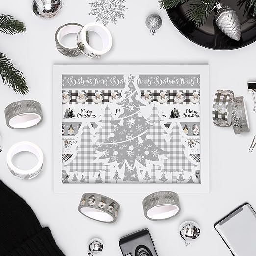 Whaline 12 Rolls Christmas Washi Tape Grey Farmhouse Washi Tape Assorted Xmas Masking Decorative Party Gift Paper Tape for DIY Craft Scrapbook Decor Party Favor Supplies