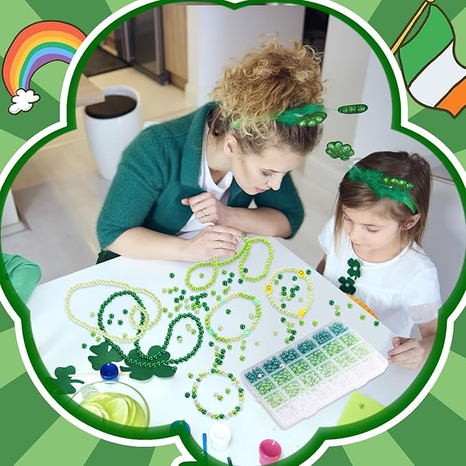 UPINS 1200Pcs St. Patrick's Day Green Pearl Beads,Irish Beads for Jewelry Making Party Decoration Necklace Bracelets Earrings Hair Beads DIY Crafts Supplies (4 Colors)