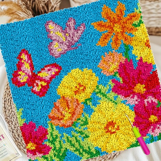 ORIGACH Butterfly & Floral Latch Hook Rug Kit for Adults Printed Rug Making Kit Handmade Carpet Tapestry Cover with Hook Latch and Preprinted Canvas, Home Arts Crafts Sofa Decor, 17.72x17.72inch