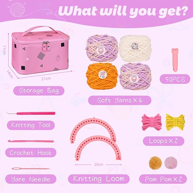 Knitting Loom Craft Kit for Kids & Beginners - Create Hat & Scraf with Yarn, Hook Needle, Ideal Birthday Christmas Gifts for Teens Girls Age 6-8 8-12 14+, Pink Loom