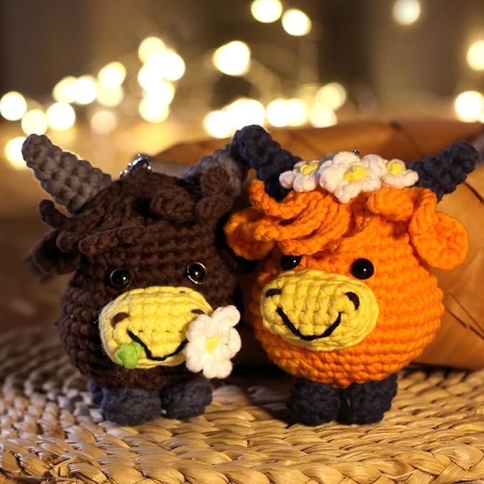 CrochetBox Crochet Kit for Beginners - 2 PCS Highland Cow Keychain Crochet Kit, Learn to Crochet, Include Easy Knitting Yarn, Step-by-Step Video Tutorial, Hook, Holiday Birthday Gift for Adults