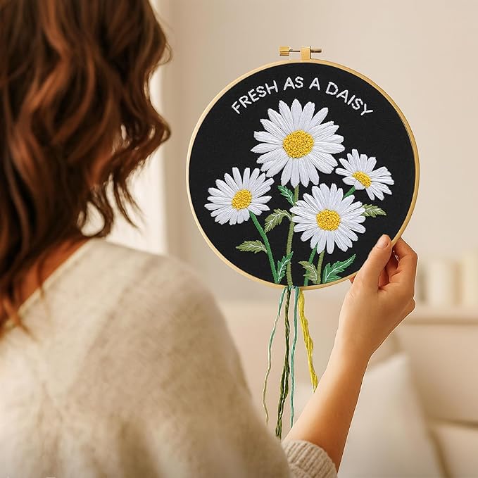Nuberlic Daisy Embroidery Kits for Beginners, DIY Cross Stitch Starter Kit for Adults Including Cloth with Pattern, Hoop, Needles Instruction and Threads