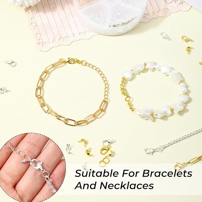 460 Pcs Lobster Claw Clasps for Keychains Bracelet Clasps and Closures Bead Tips Knot Covers Guage Open Jump Ring Brooch Necklace Bracelet DIY Set for Jewelry Making Supplies Bracelets (Gold, Silver)