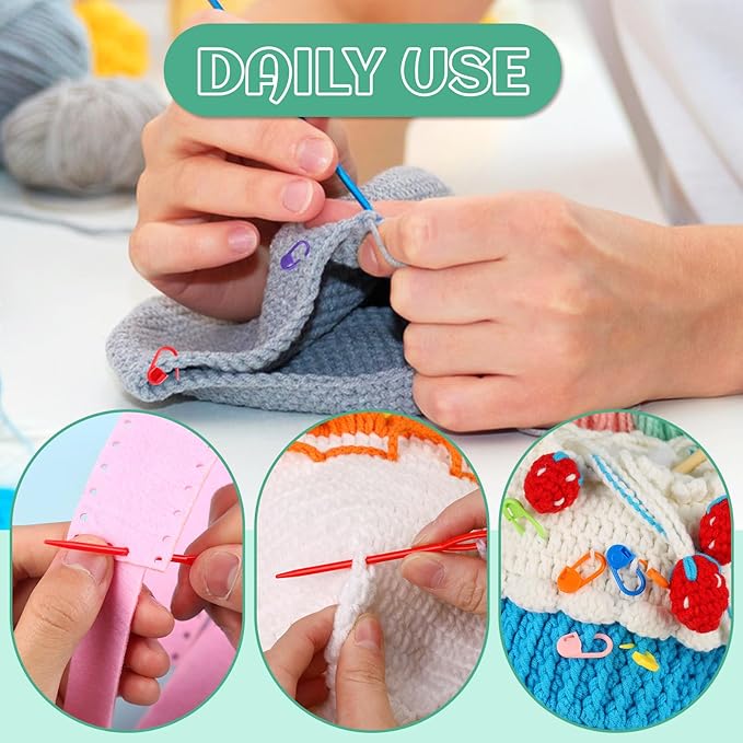 LUNARM 200 Pcs Stitch Markers for Crocheting, 10 Color Crochet Stitch Markers Knitting Locking Clip Pins with 6 Yarn Needles for DIY Craft Sewing