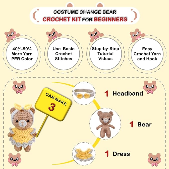 LoopMap Amigurumi Crochet Kit for Beginners with Removable Dress & Video Tutorials, DIY Bear Making Kit Includes Premium Yarn & Tools, Creative Gift for Adults Teens (Yellow)