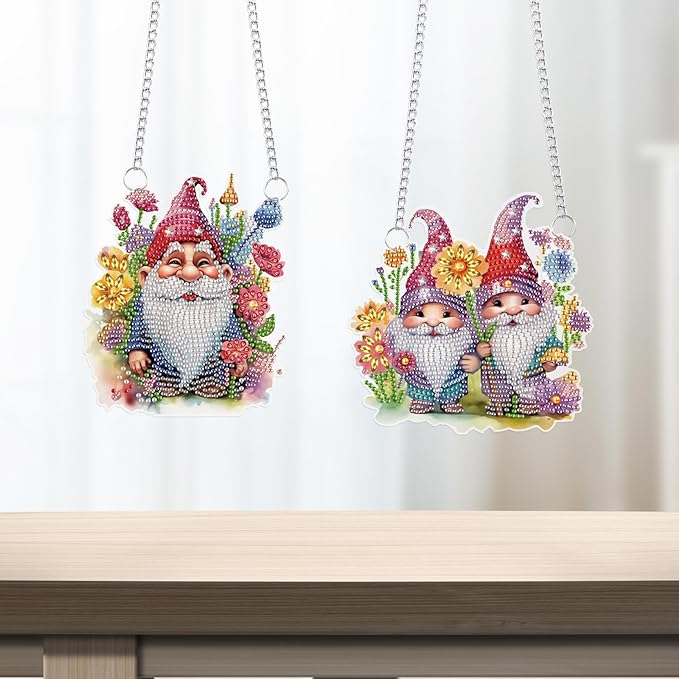 2 Pcs DIY Diamond Painting Gnome Hanging Ornaments – 5D Special-Shaped Dwarf Pendants with Floral Accents, Acrylic Window & Wall Decor Kit for Home and Gift
