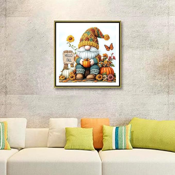 DIYDECORFUN Gnome Diamond Art Kits for Adults, Hello Fall Diamond Painting Kit for Beginners,DIY 5D Full Round Drills Autumn Pumpkin Diamond Dot Gem Art Crafts for Home Wall Decor 14x14IN