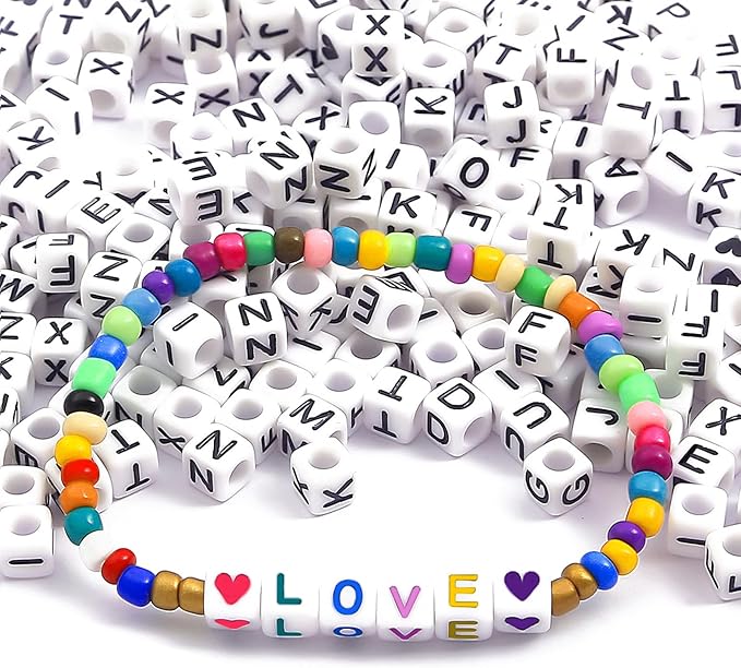 Alphabet Beads A-Z 1000Pcs Letter Beads, Acrylic 6x6mm Round Letter Beads Kits,Black Digit and Colorful Smile Bead for Bracelets Necklaces DIY Jewelry Making (Colorful Square)