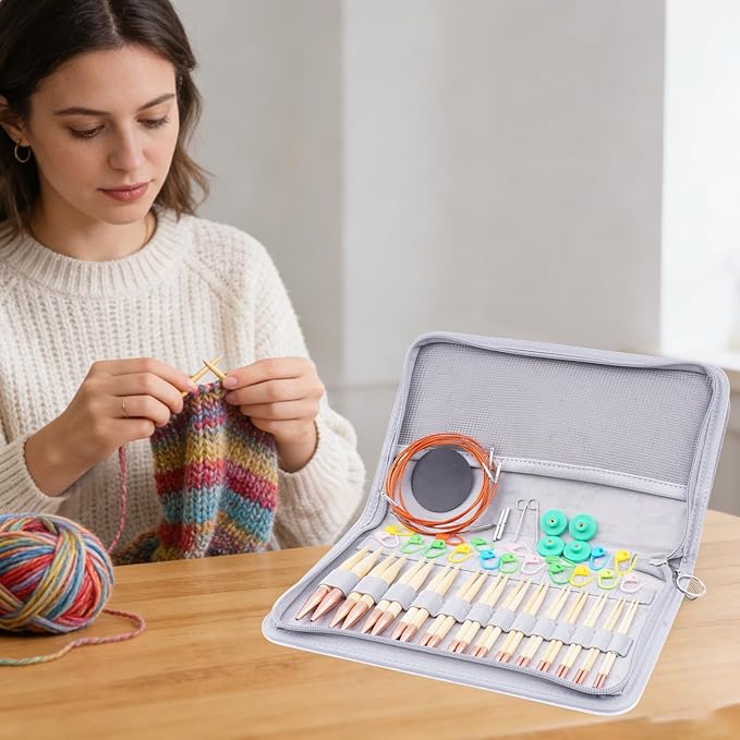 BsHooker Bamboo Circular Knitting Needles Set,13 Pairs Interchangeable Knitting Needles Kit with Storage Case,3mm-10mm Knitting Needles with Cables US 2.5-15