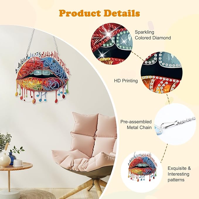 HEIBAGO Music Diamond Art Hanging Kits for Adults, Diamond Art Suncatchers Mouth, 5D Special Shape Diamond Painting Pendant, DIY Window Ornament Gifts for Home Garden Door Wall Decor 8.3 x 8.3 Inch
