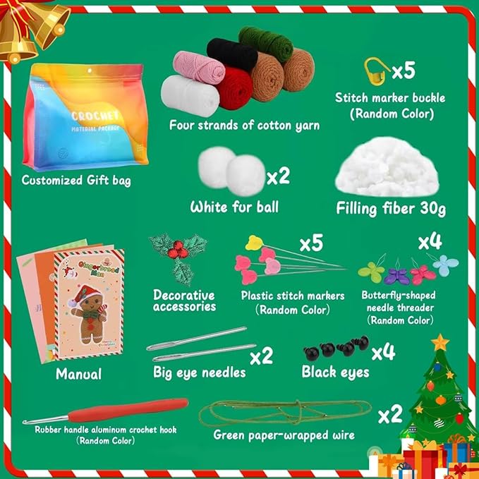 Tierong Crochet Kit for Beginner,Gingerbread Man Crochet Kit with Step-by-Step Video Instructions, Easy to Learn for Ideal Christmas Gift for Adults