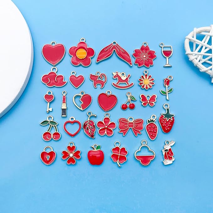 Youdiyla 60pcs Alloy enamel red series fixed set Pendant Jewelry Making DIY Keychain Earrings Pendant Various Design Charms for Jewelry Making Bracelets Necklace (HK551)