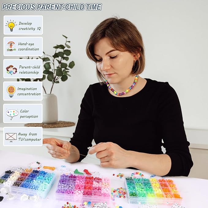 QUEFE 4700pcs, 72 Colors Pony Beads Rainbow Kandi for Bracelets Making Kit, 3600pcs 9mm Plastic and 1000pcs Letter Beads, Alphabet for Jewelry Making With Elastic Threads