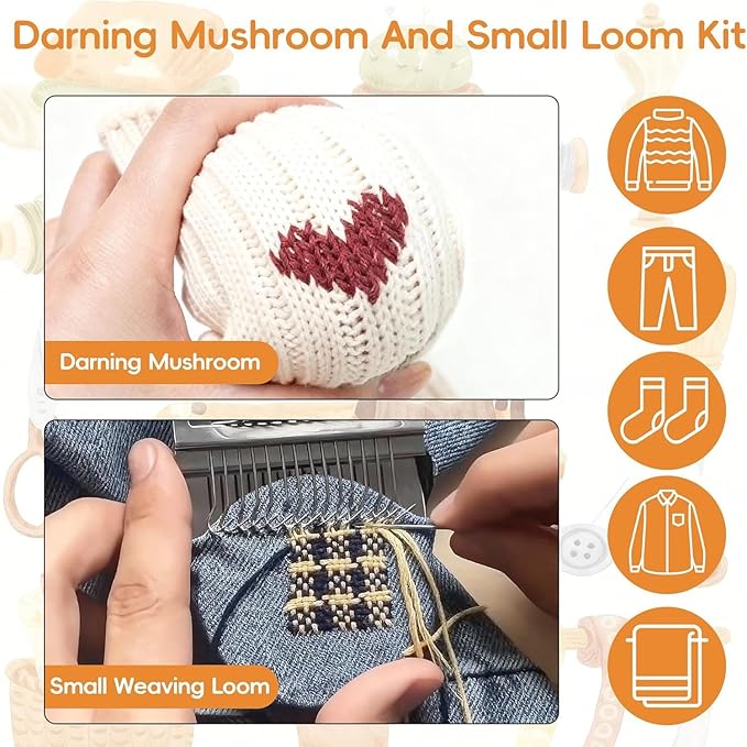 PHOXPH Mini Darning Loom Kit, Mushroom Knit Patch Kit, PatchMaker Mending Tool with 50 Colors Yarn, 14 Hooks, Weaving Loom for Socks, Jeans & Sweaters, Clothes Repair, Fixing Kit for Beginners