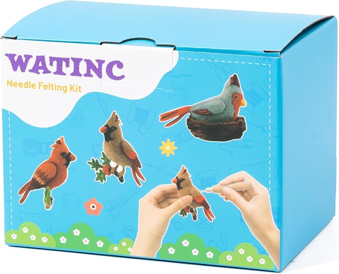 WATINC Needle Felting Kit - 3 Set Unique Different Cute Doll Wool Felt Needle Tools Foam Pad Instruction, DIY Home Decoration Craft Party Supplies for Art Work Starter Beginners (Cardinal)