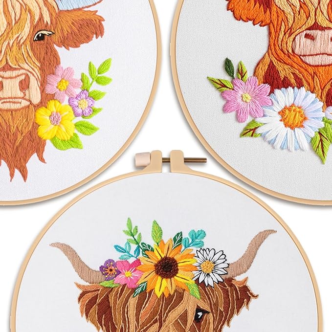 louise maelys 3 sets embroidery kits for beginners,cross stitch kit for adults,starters diy needlepoint including hoop -highland cow and florals pattern