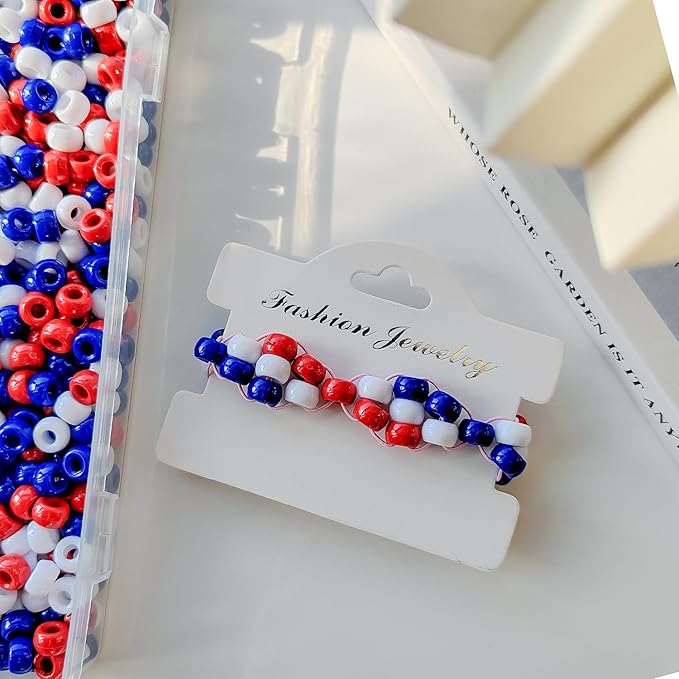 Plastic Pony Beads for Jewelry Making, 1200 Pieces, Multi-Color, 0.35 x 0.22 inch, DIY Craft Beads for Bracelets and Hair Braids (Red+White+Blue)