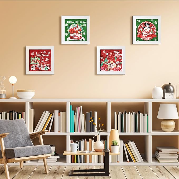 Geyoga 4 Pcs Christmas Diamond Painting Kits with Frame Christmas Snowman Gnome Diamond Art Kits for Adults Beginner Kids DIY Arts and Crafts Rhinestone Gem Art Home Wall Table Decor Gift 7 x 7 Inch