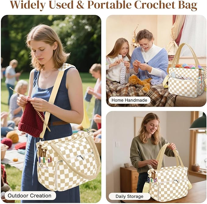 DALINDA Crochet Bag Organizer,Yarn Bag and Tote- Yarn Storage with Multiple Pockets for Crochet Supplies, Knitting Bag for Gifts,Portable & Durable (Brown Plaid)