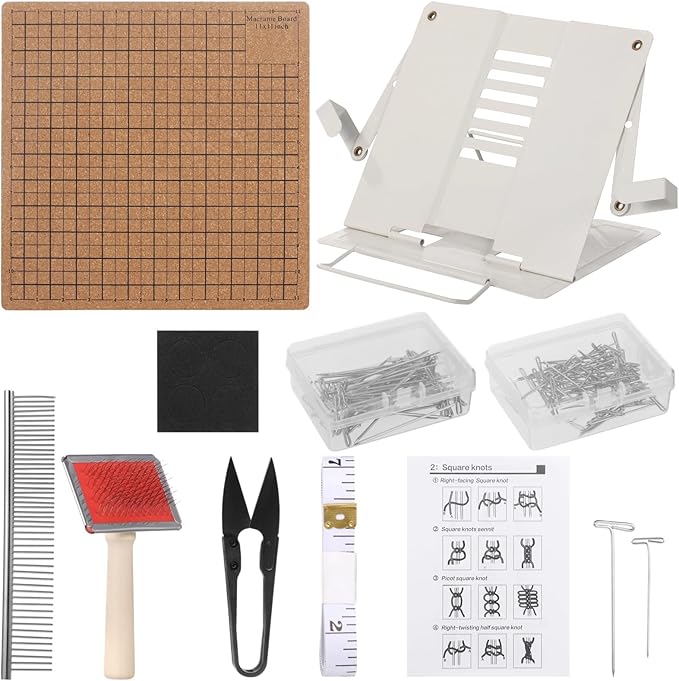 106 PCS Macrame Board Set, with 11x11 Inch Macrame Board Adjustable Holder with T Pins Double Sided Grids Bracelet Making Board with Brush Scissor Ruler Tools for Braiding Cording Creating (C)