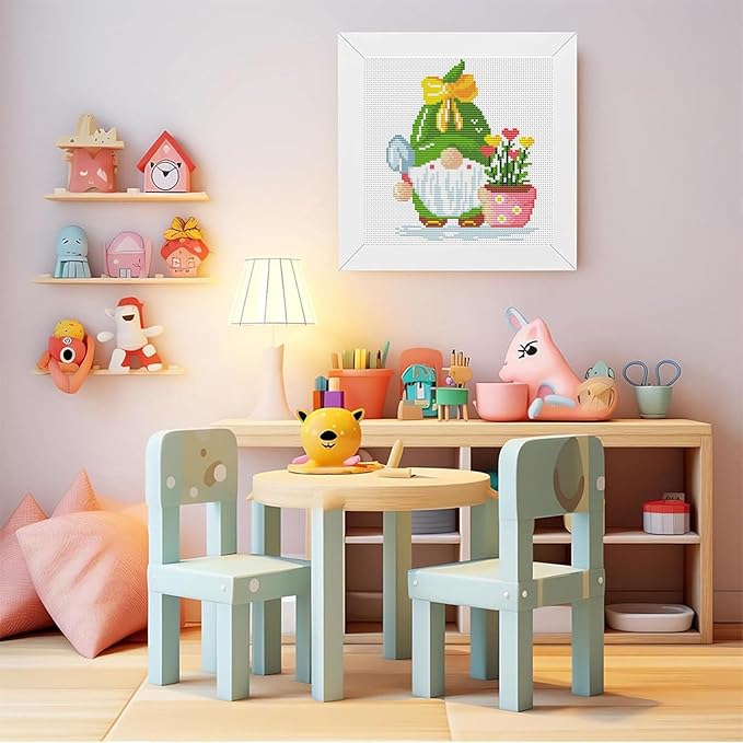 VIGEGU Gnome Cross Stitch Kits for Beginners,Flowers Stamped Cross Stitch for Adults with Wooden Framed,Embroidery Kit, Partial 11CT Cross-Stitch Arts and Crafts for Adults 7.9x7.9inch