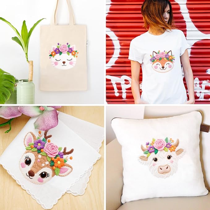 ORIGACH 6 Pack Animals & Floral Crown Embroidery Kits for Beginners, DIY Starter Hand Embroidery Kit with Floral and Dog Rabbit Fox Patterns and Instructions for Adults Women Crafting