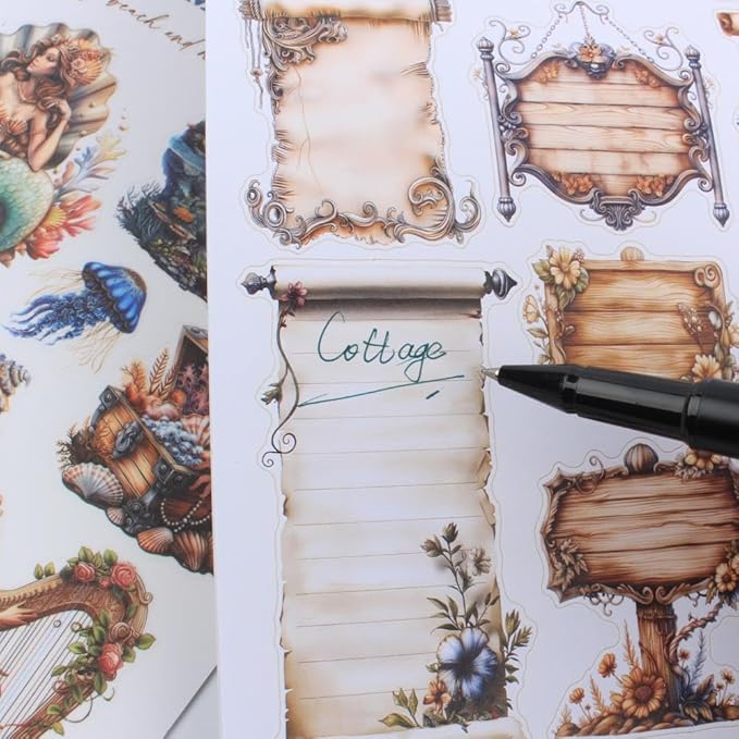 The Elfs Cottage Sticker Book for Journaling, 20 Sheets Precut PET Washi Paper Materials Stickers for Scrapbooking, Junk Journal Supplies, Planner, Bujo, Collage, DIY Crafts Arts