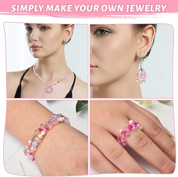 1000pcs 4/6/8mm Rondelle Glass Beads for Jewelry Making,Electroplate Round Shaped Crystal Spacer Beads Assorments for Bracelet Necklaces DIY Pink