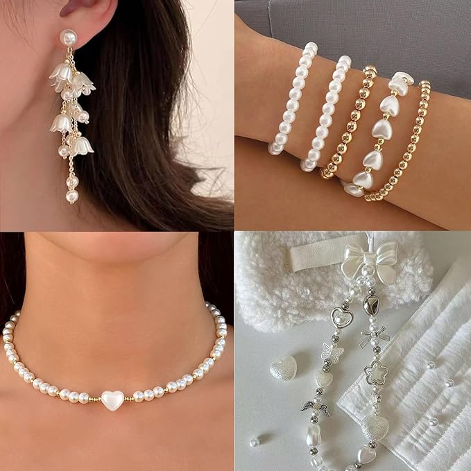1206 Pcs Pearl Beads for Bracelet Making Kit Gold Spacer Beads for Jewelry Making Pearl Flower Butterfly Bracelet Bead Charms Necklace Earrings DIY Craft for Adult Pearls Heart Bead for Crafting