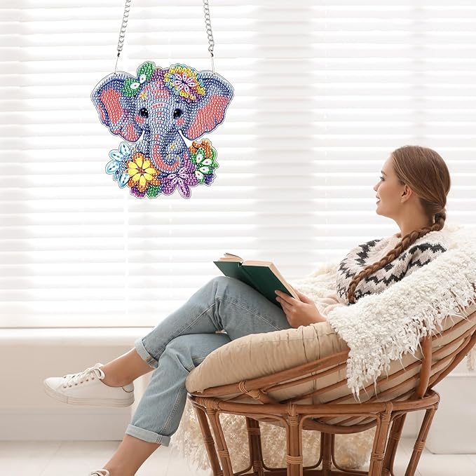 Elephant Diamond Painting Hanging Kit, DIY 5D Crystal Acrylic Pendant Ornament, Diamond Art Window and Wall Hanging for Adults, Elephant DIY Diamond Painting Art, Handmade Home Décor Gift